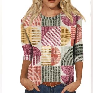 New Amazon Multi-Color 3/4 Sleeve T-Shirt Light weight  Print Top -Size Large